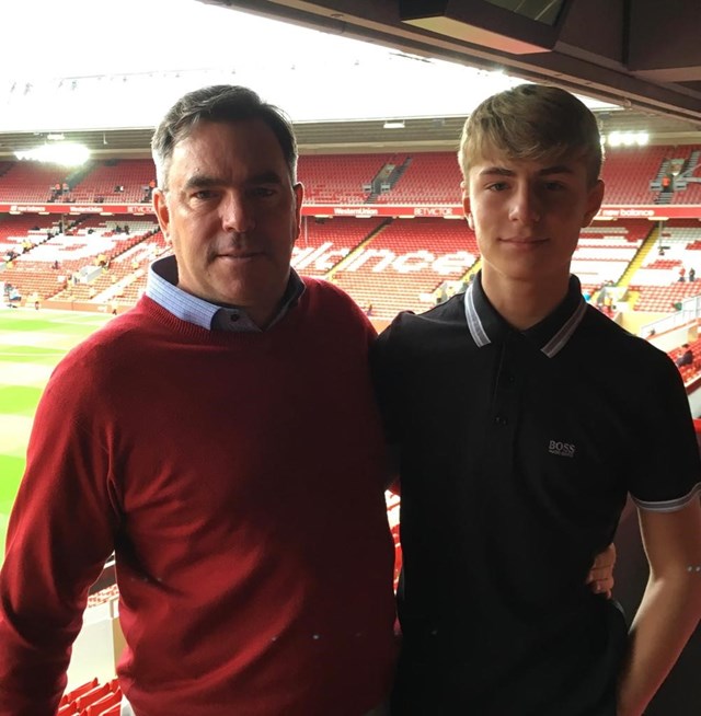 Howerd Kernahan and his son Rafael at Anfield before the Covid-19 outbreak