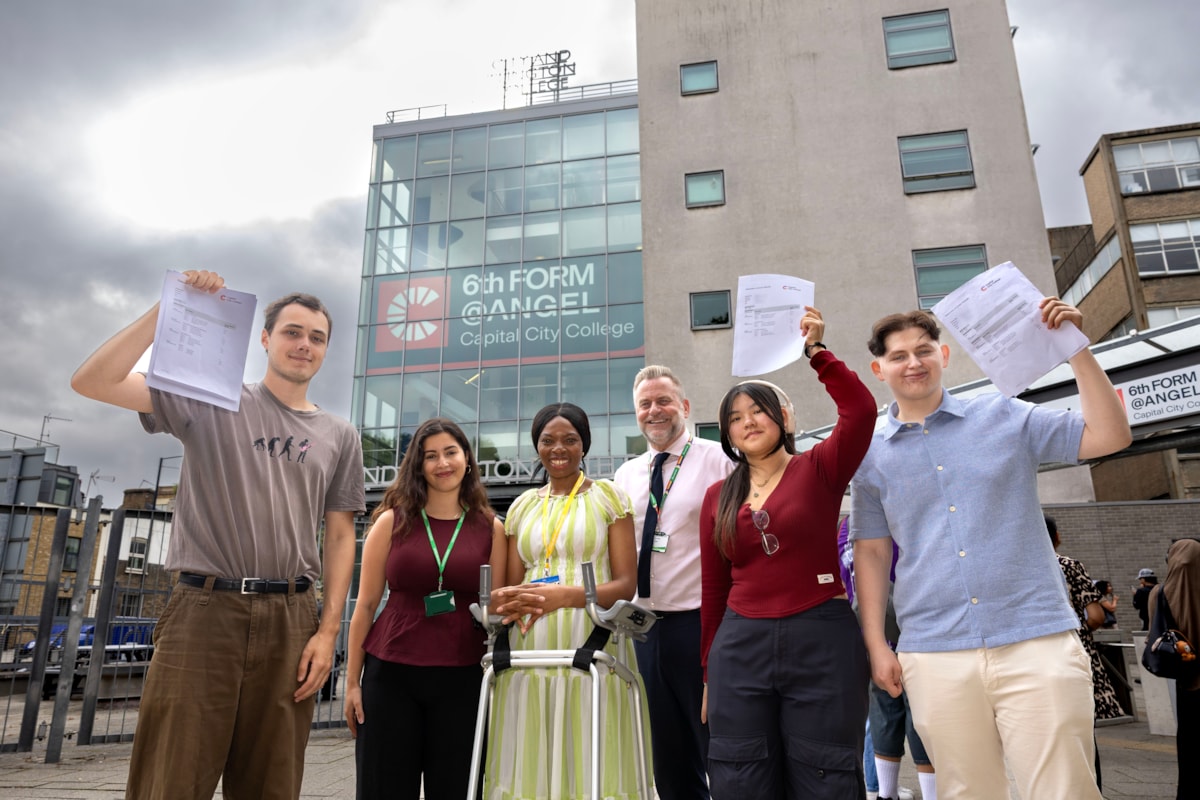 From left, Capital City College Group student Pablo celebrates with Cllr Gulcin Ozdemir, Cllr Michelline Safi-Ngongo, Islington's Corporate Director of Children's Services Jon Abbey, and students Keightly and Dragos outside the Angel campus