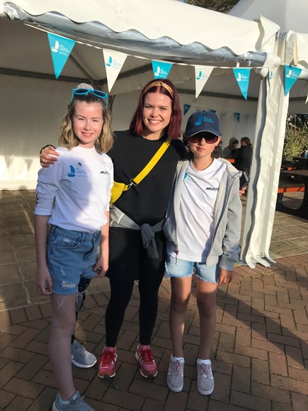 Mia and Amelie pictured with Lindsey Russell a Blue Peter presenter as part of Children in Need