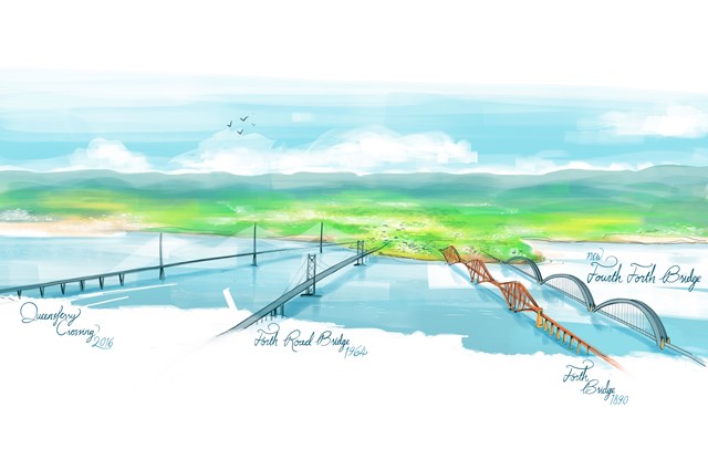 The 1945 design Forth Bridge, far right, alongside the actual Forth Bridge and road crossings.