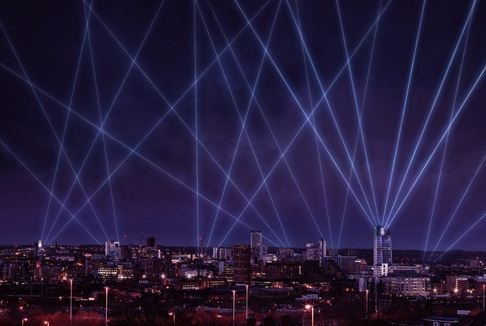 Light Night 2020: Artists impression of Laser Light City and the Leeds skyline which will be the first in a series of events presented by Light Night Leeds this autumn and winter. Based on original photography by Keith Craven.