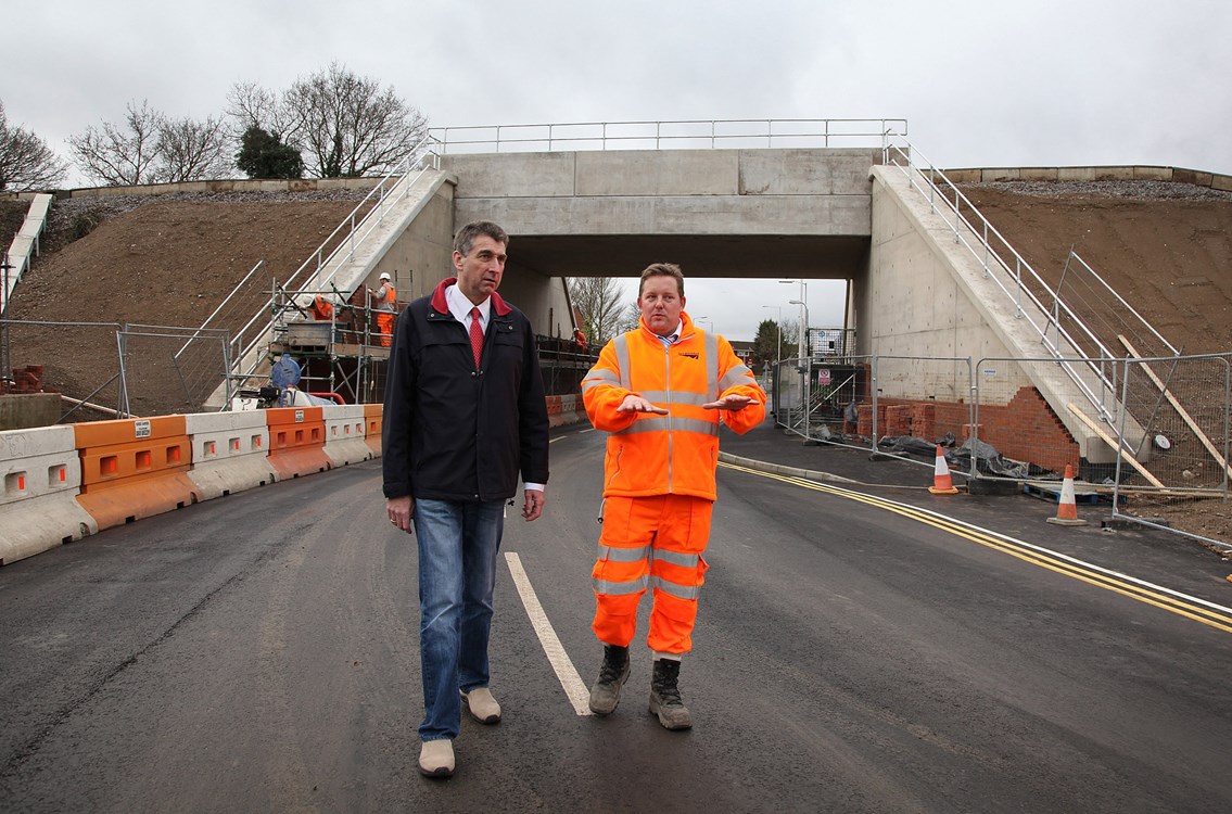 Cow Lane: Tony Page, Reading Borough Council’s lead councillor for regeneration, planning and transport and Kevin Brown, Network Rail senior programme manager, at Cow Lane Bridge south in Reading, as finishing touches are put to the bridge and road before the opening on Monday 30th January.