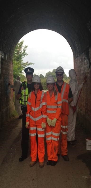 Restorative justice programme: Network Rail staff and PCSO Jonathan Gale with two youths taking part in the restorative justice programme.