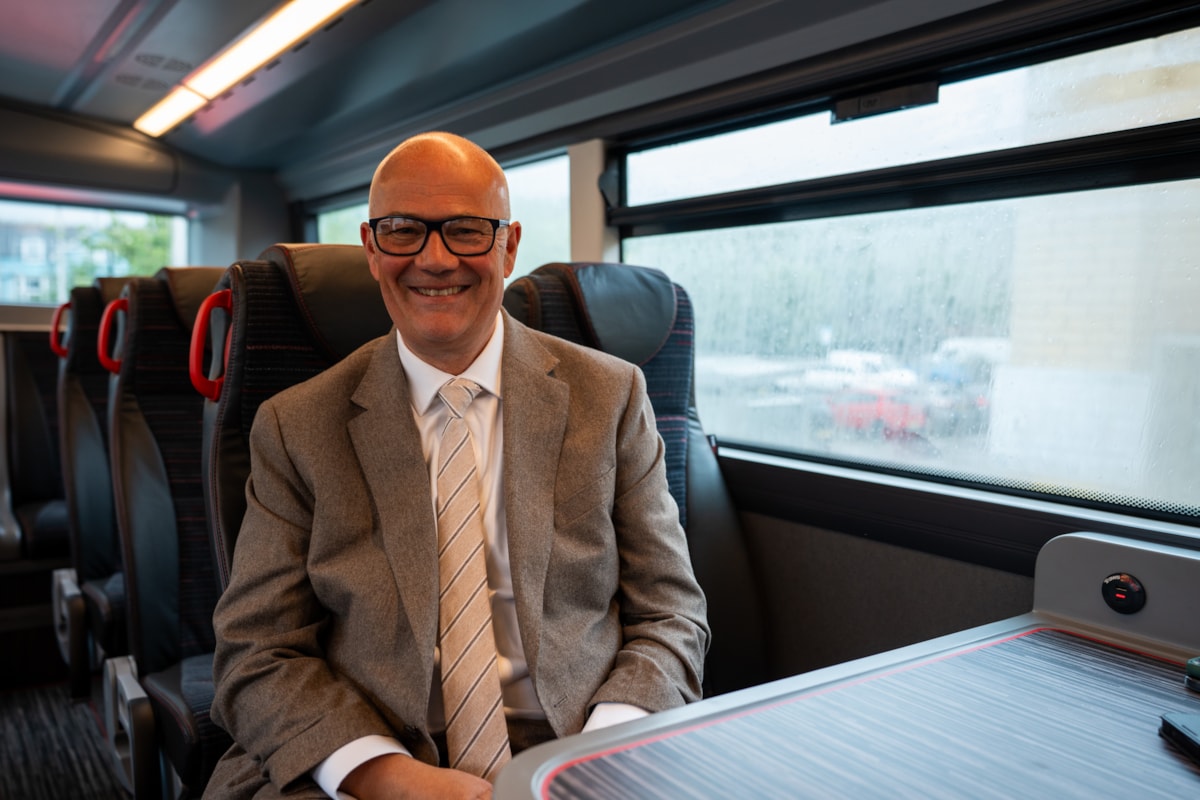 Deputy Minister for Transport Mark Hooper at the launch of 30 new TrawsCymru buses in Aberystwyth-9