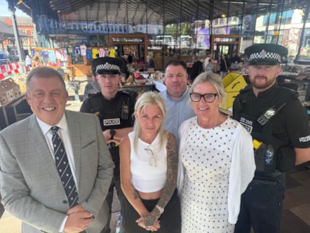 Back row from left, Sgt Tom Rettie from Preston City Centre’s Neighbourhood Policing Team, John Leeming, Senior Markets Officer and Police Constable Josh Thompson. Front row from left, Preston Market Manager Mark Beck, stallholder Victoria Mua from The Fun Shop and Trading Standards Manager Helene C