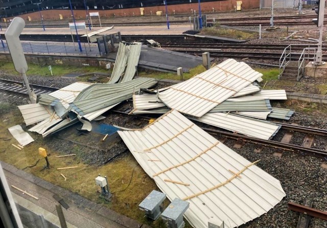 Debris on track after roof blew of Network Rail depot at Banbury