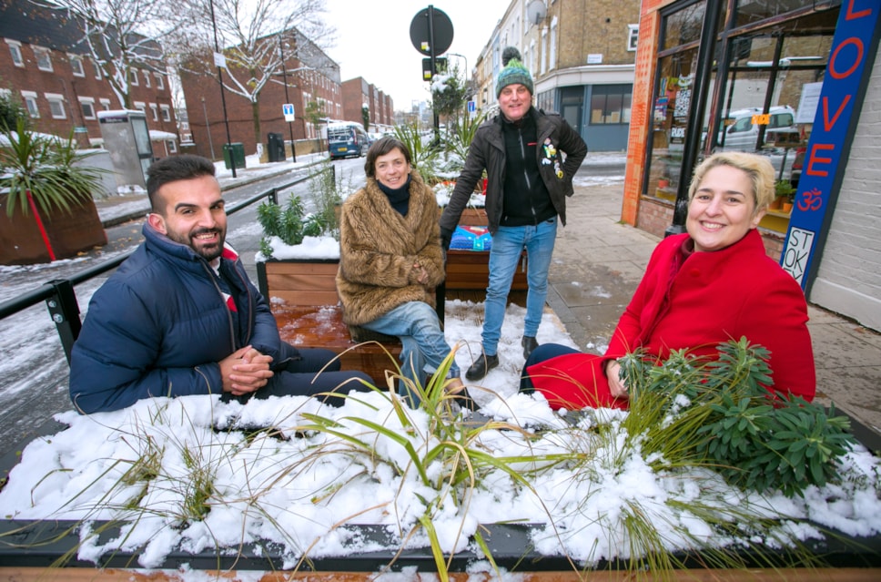 Cllr Mete Coban and Cllr Caroline Woodley with Abi, owner of Rude and Everyday Sunshine, and local cllr Gilbert Smyth
