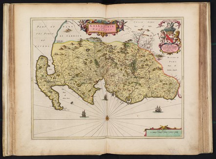 A digital scan of a map which is printed over two pages of an open book.