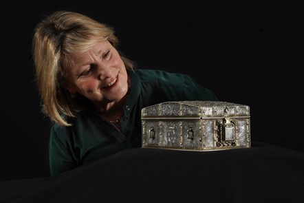 Dr Anna Groundwater Principal Curator at National Museums Scotland with the silver casket believed to have belonged to Mary, Queen of Scots. Photo © Stewart Attwood (3)
