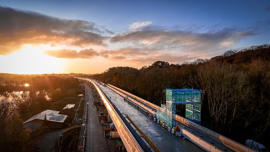 Aerial view of HS2's Colne Valley Viaduct at sunset 2