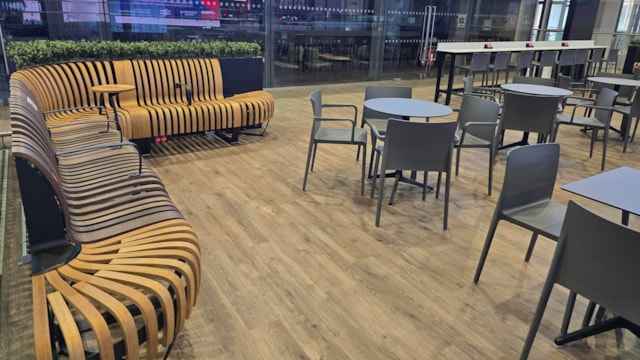 A view of new seating on the east side of Euston station's balcony: A view of new seating on the east side of Euston station's balcony