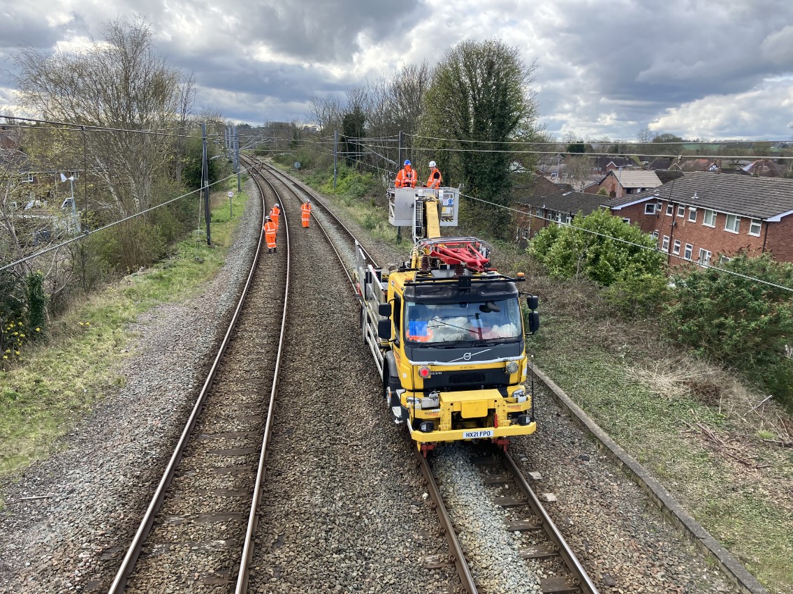 Overhead cables near Lichfield City being inspected by Network Rail engineers