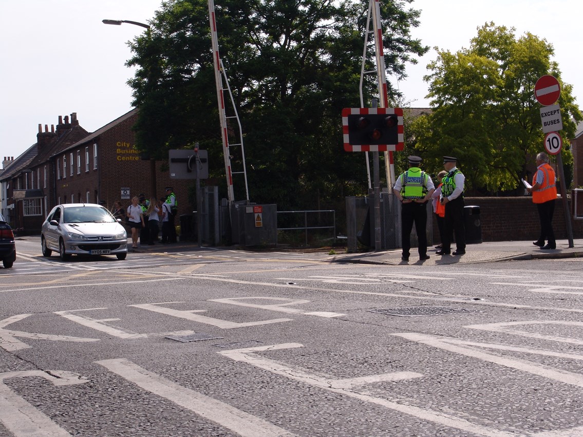 LX Awareness Day - Chichester 3: Teams from Network Rail, British Transport Police and Chichester district council spread the level crossing safety message in Chichester