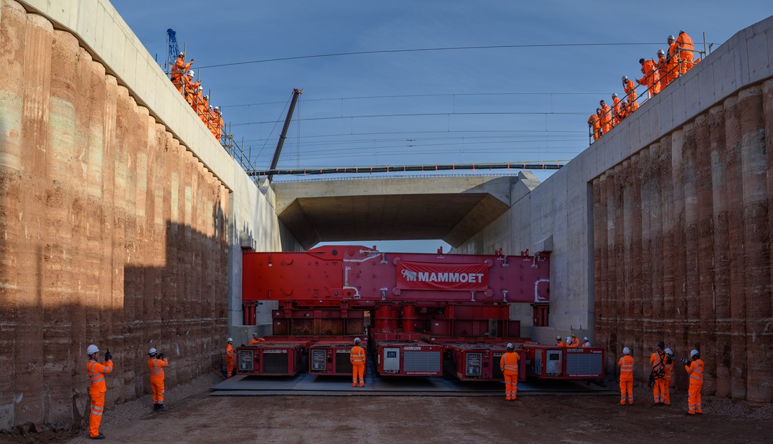 6,200 tonne Fulfen Wood bridge moving into place