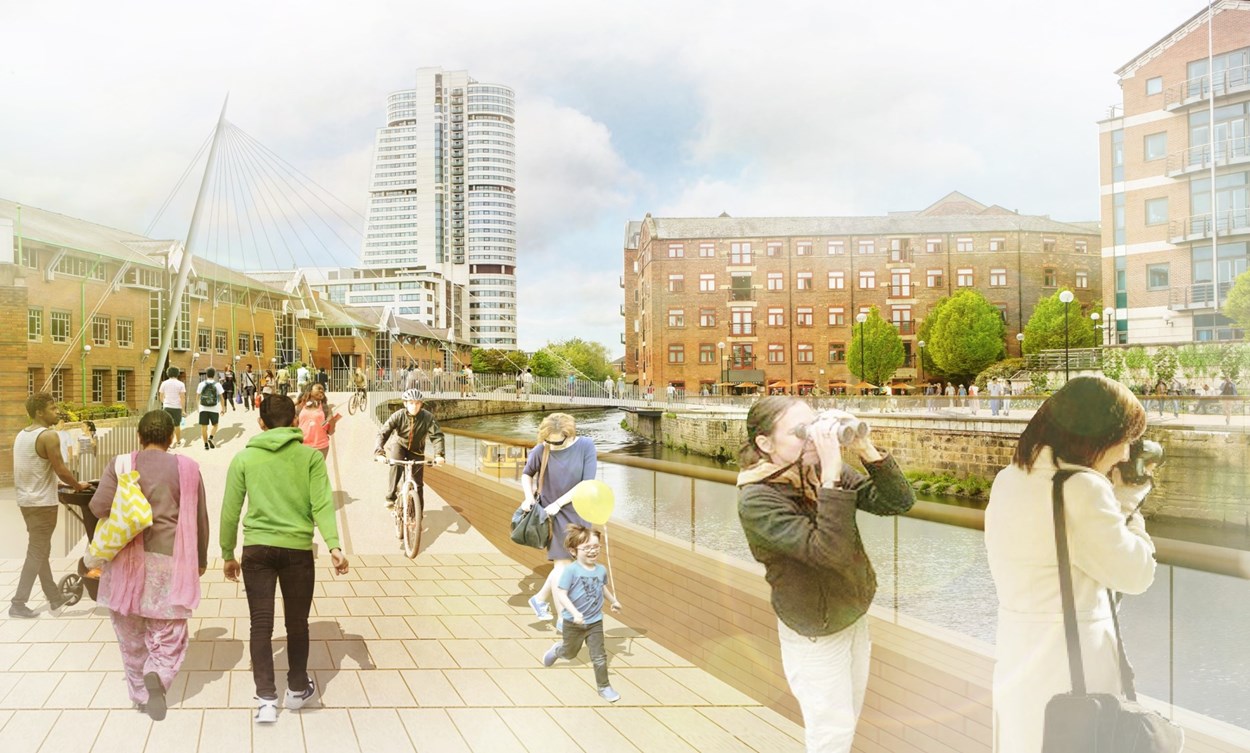 New River Aire footbridge from Sovereign Square: The funding will support installation of a new River Aire footbridge from Sovereign Square linking the park to Leeds Station. The footbridge is showcased in this artist impression.