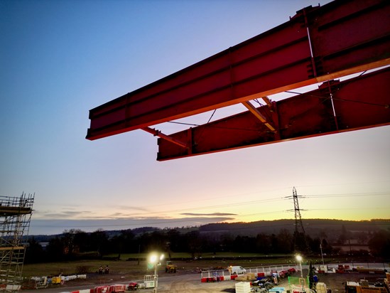 The 'nose' of the Wendover Dean viaduct beam against the setting sun after the first day of teh deck slide 10.01.24