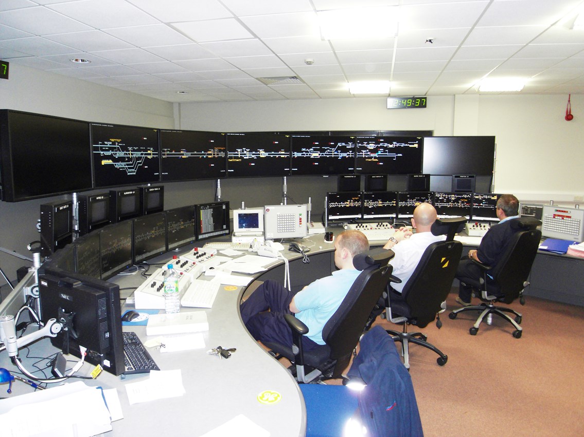 New VDUs, Colchester signal box: New visual display units (VDUs) at the upgrade Colchester signal box. The box will control all signals and level crossings on the branch line from Colchester to Clacton-on-Sea and Walton-on-the-Naze once final commissioning takes place in summer 2009.