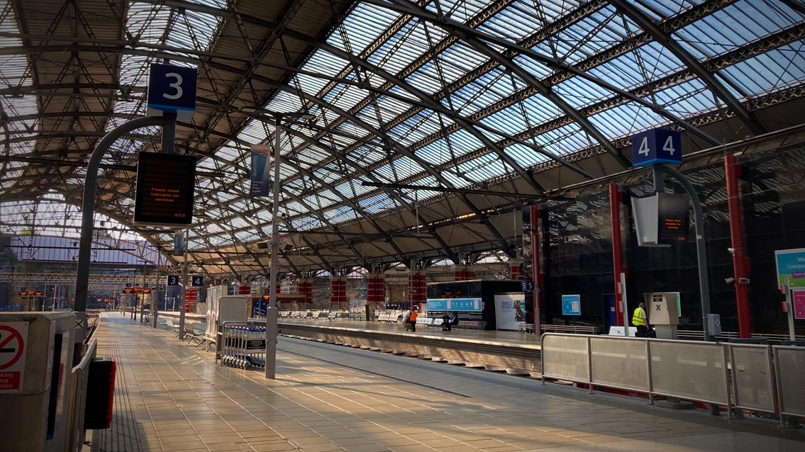 Severely reduced trains at Liverpool Lime Street during RMT strike: Liverpool Lime Street empty platforms during June 2022 strikes