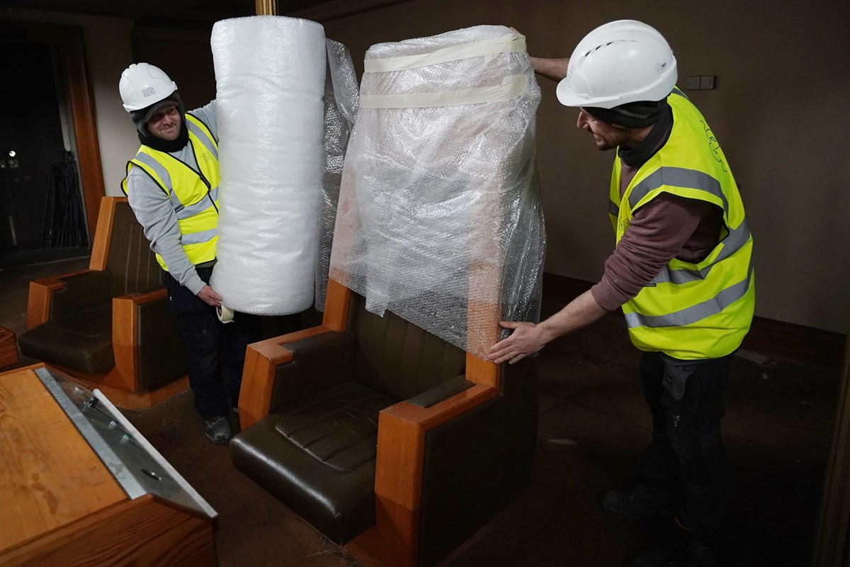 Speaker's Chair from the former Royal High School being prepared for transport to the National Museums Collection Centre (credit Stewart Attwood)