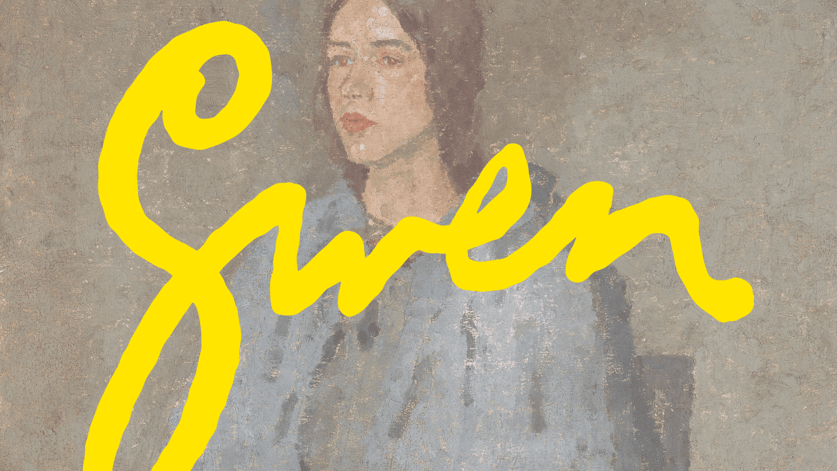 Gwen John's oil painting, The Pilgrim, which depicts a seated woman wearing a blue cape with the title 'Gwen'.