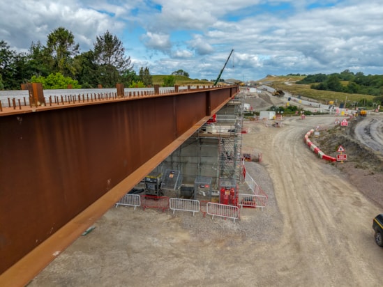 Aerial view from alongside the Lower Thorpe Viaduct deck slide June 2025: Aerial view from alongside the Lower Thorpe Viaduct deck slide June 2025
