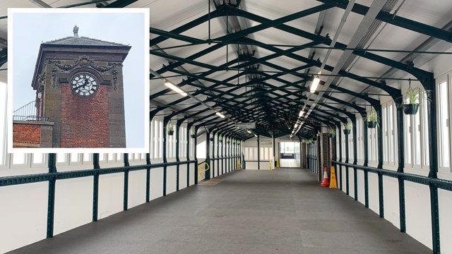 Nuneaton station footbridge and clock composite