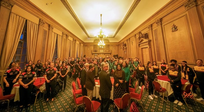 Reception 2: The scene in the banqueting suite at Leeds Civic Hall as Leeds City Council staged a reception for the Brazil, Canada and Papua New Guinea women's rugby league teams.