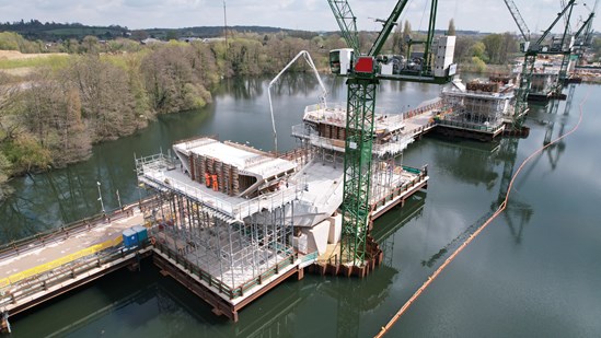View of three V piers under construction for the Colne Valley Viaduct May 2023