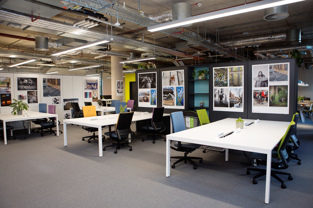 General pictures of desks, chairs, lights and ceilings in Islington's new Better Space affordable workspace