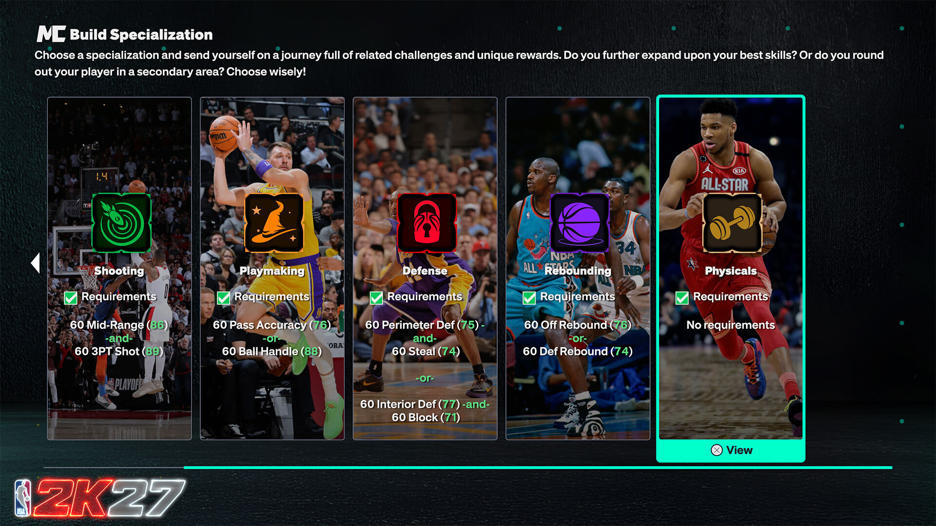 NBA 2K27 MyCAREER Build Specialization menu showing Shooting, Playmaking, Defense, Rebounding and Physicals tracks
