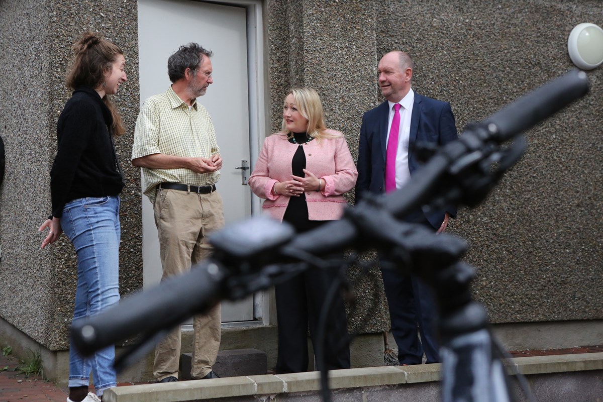 Bikes pic L-R: Elenid Roberts, coordinator community transport; Ben Gregory, board secretary; Rebecca Evans, Finance and Local Government Minister; Cefin Campbell MS