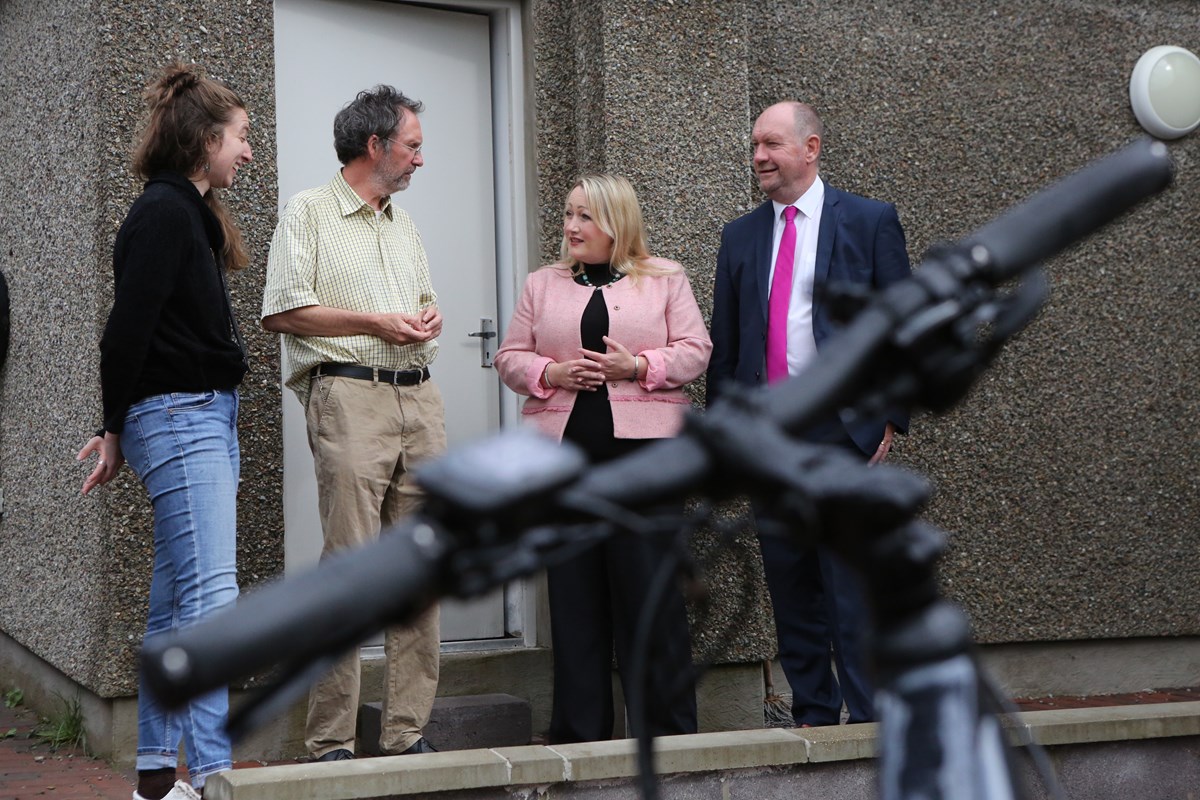 Bikes pic L-R: Elenid Roberts, coordinator community transport; Ben Gregory, board secretary; Rebecca Evans, Finance and Local Government Minister; Cefin Campbell MS