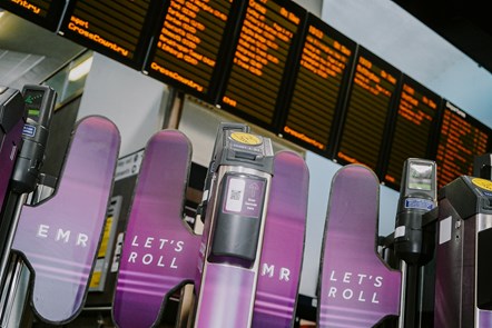 EMR Stations Derby Station - Gateline at front of station with info boards in background