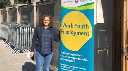 Cllr Asima Shaikh outside the Hospitality Jobs Fair held at Islington Assembly Hall - CROPPED