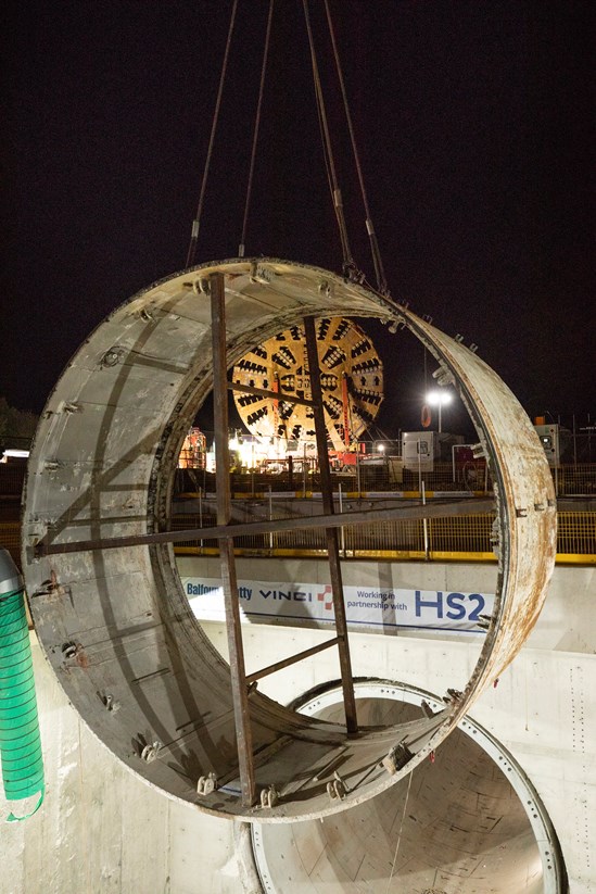 TBM tail skin lifted out of tunnel portal reception box
