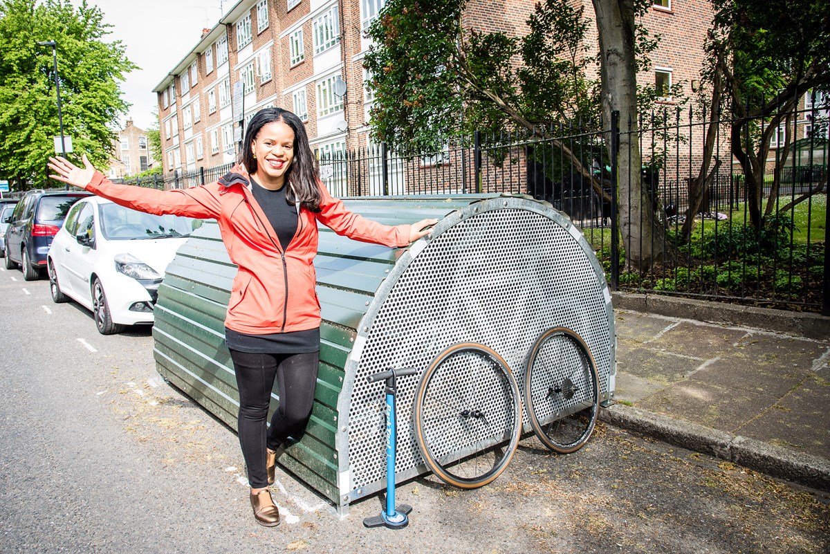 Cllr Claudia Webbe, executive member for environment and transport, celebrating the installation of the 100th on-street Bike Hangar in Islington.