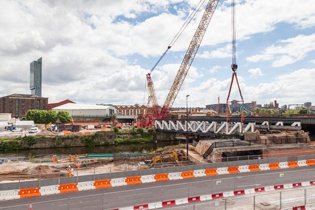 A crane moving Princes Bridge as work on Ordsall Chorde continues