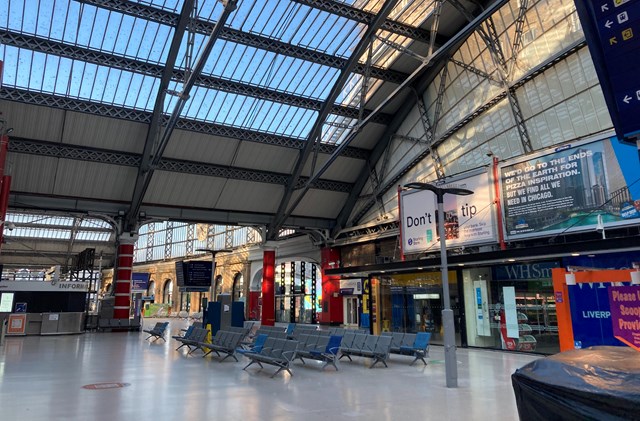 Liverpool Lime Street empty concourse during June 2022 strikes