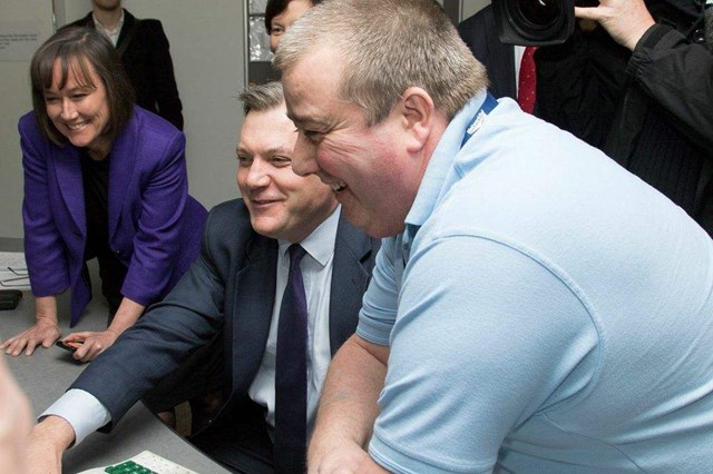 Ed Balls MP visits state-of-the-art operations centre to see how Network Rail is delivering a more reliable railway for passengers in Wales: Ed Balls with Andy Fitzgerald the shift signaller manager for Network Rail