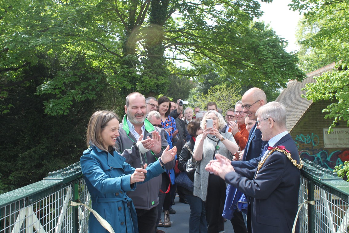 Faversham footbridge on Preston Lane unveiled today by local MP, Helen Whately after vital refurbishment: Faversham footbridge opening