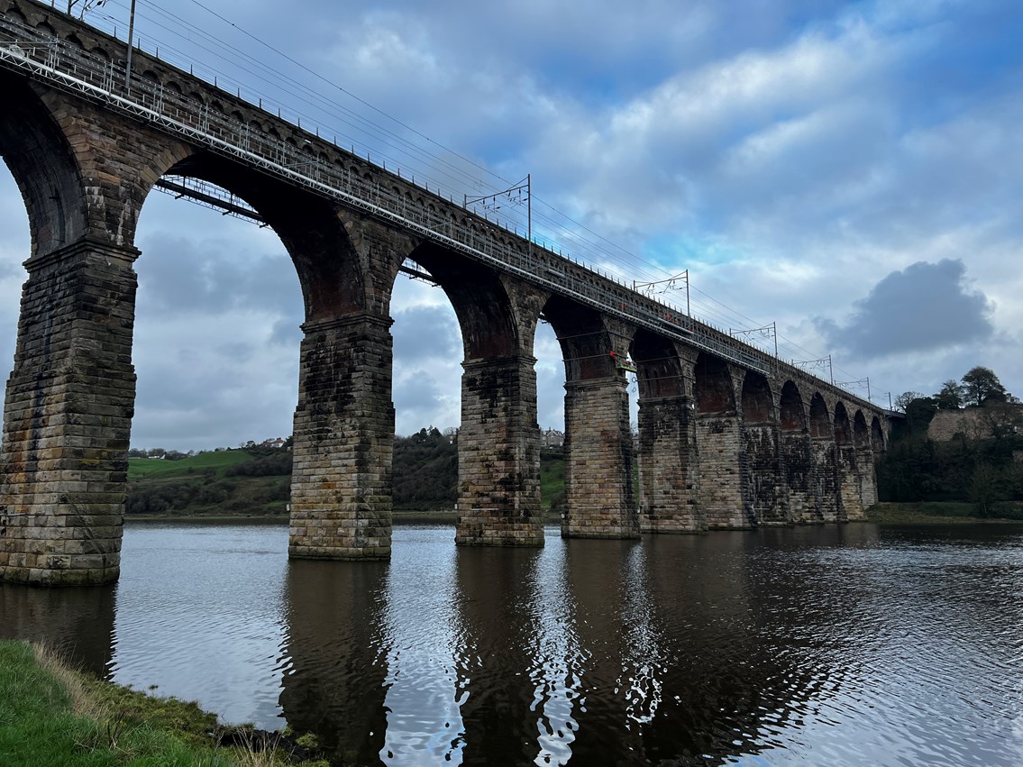 Wide shot of Royal Border Bridge being repaired - taken 22 November 2022