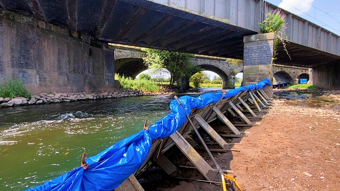 Dam in place on the River Trent in Rugeley for railway viaduct protection work
