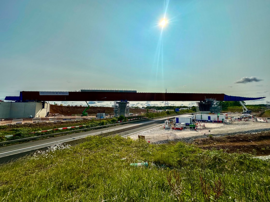 M6 South viaduct in position across the first two piers after the first launch June 2025