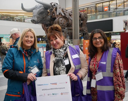 Left to Right: Hellen Briscoe, Avanti West Coast Customer Service Assistant, joins Network Rail colleagues to mark World Menopause Day at Birmingham New Street