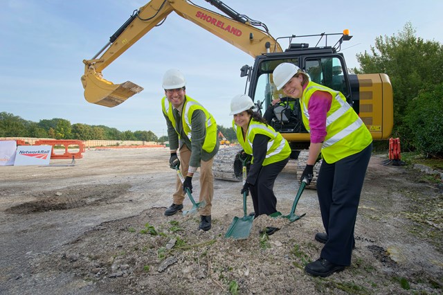 Councillor Ranil Jayawardena, deputy leader of Basingstoke and Deane Borough Council; Sam McCarthy, commercial director for the Network Rail and South West Trains Alliance; and Maria Miller MP for Basingstoke, start work on the new Basingstoke centre