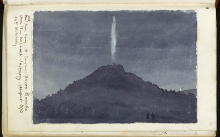 Old moon rising and curious Aurora Borealis above Dun na Cuaich, Inveraray Wednesday 24 August 1870. From a journal kept by John Francis Campbell while travelling the West of Scotland, 1870–1871.
