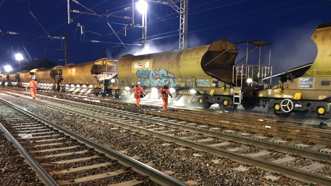 West Coast main line upgrades completed over late May Bank Holiday: Week 8 Euxton Jn unloading ballast on the Down Slow 2 (1)