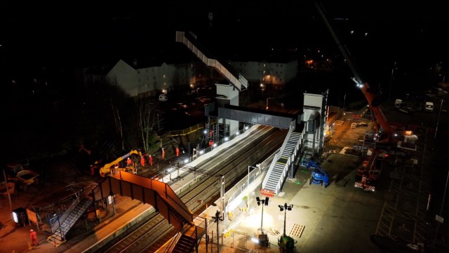 75-tonne footbridge and lift-tower installed at Uddingston station: Uddingston AfA drone footage bridge installation.00 05 26 14.Still001 (1)