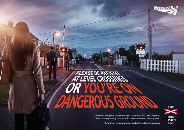 Evening spike in near misses with trains prompts new level crossing safety warning for commuters in Anglia: Commuters LX safety campaign poster