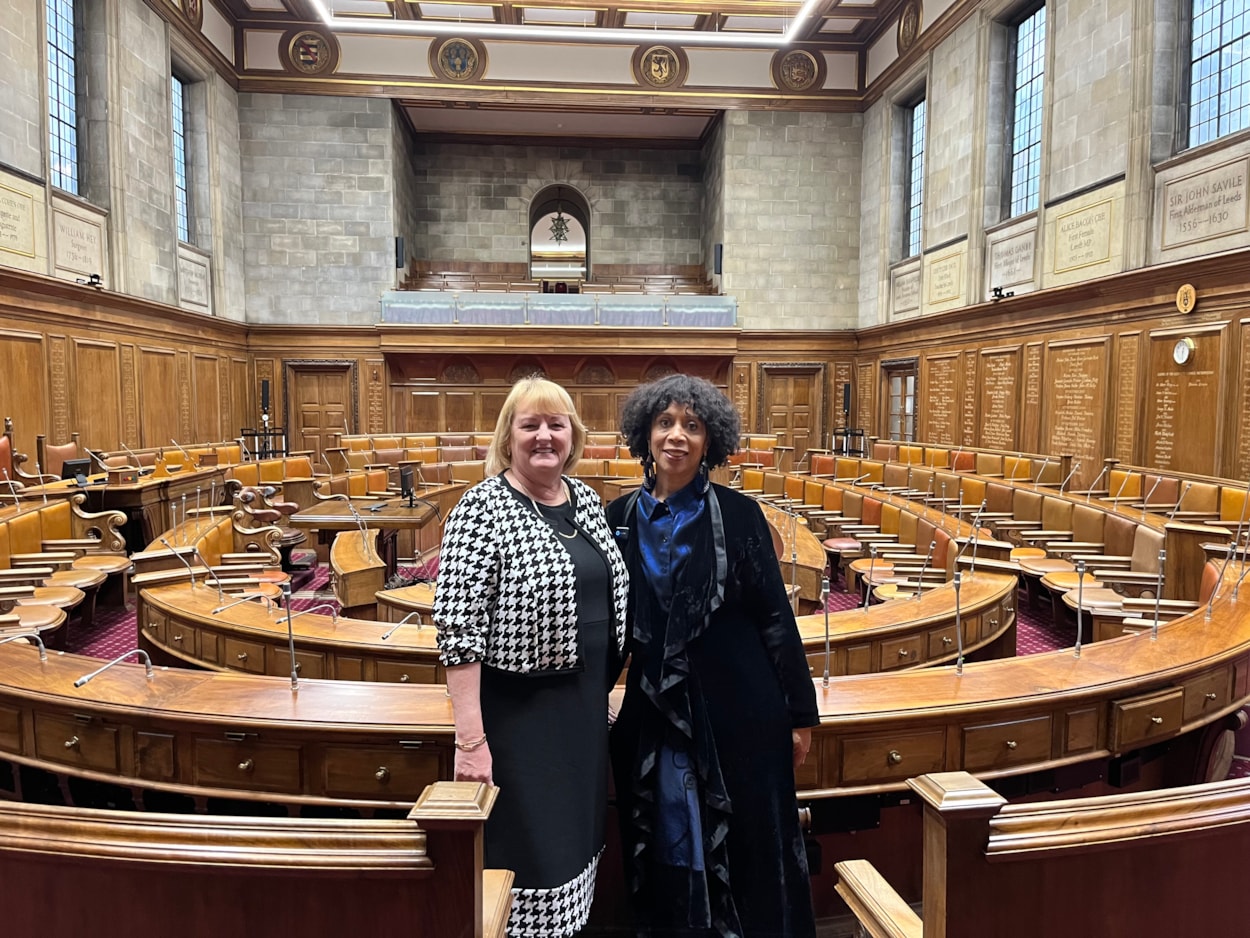 Inspirational women plaques: Councillor Debra Coupar, Leeds City Council’s deputy leader and executive member for resources with Heather Paul, daughter of Gertrude Paul, in the council chamber at Leeds Civic Hall. Plaques honouring inspirational Leeds women have been unveiled in the chamber.